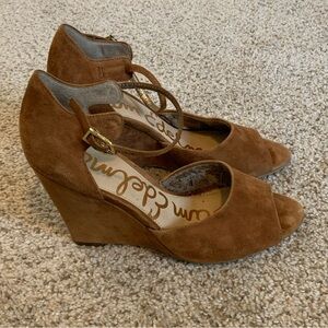 Sam Edelman Raven Open Toe Suede Wedge Tan Brown Size 7